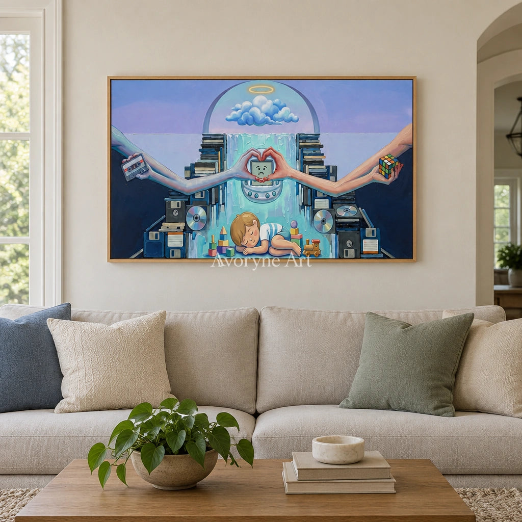 Warm Echo surreal scene wall art with a wood frame in a villa living space