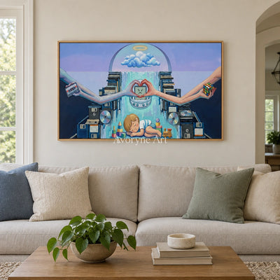 Warm Echo surreal scene wall art with a wood frame in a villa living space