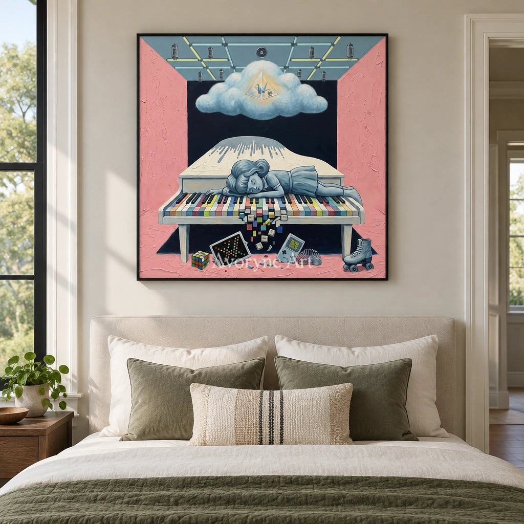Warm Rhythm surreal scene wall art with a black frame above a bed in a bedroom