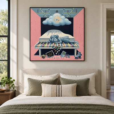 Warm Rhythm surreal scene wall art with a black frame above a bed in a bedroom