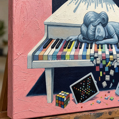 Close-up of the hand-painted texture of Warm Rhythm surreal scene wall art on an easel