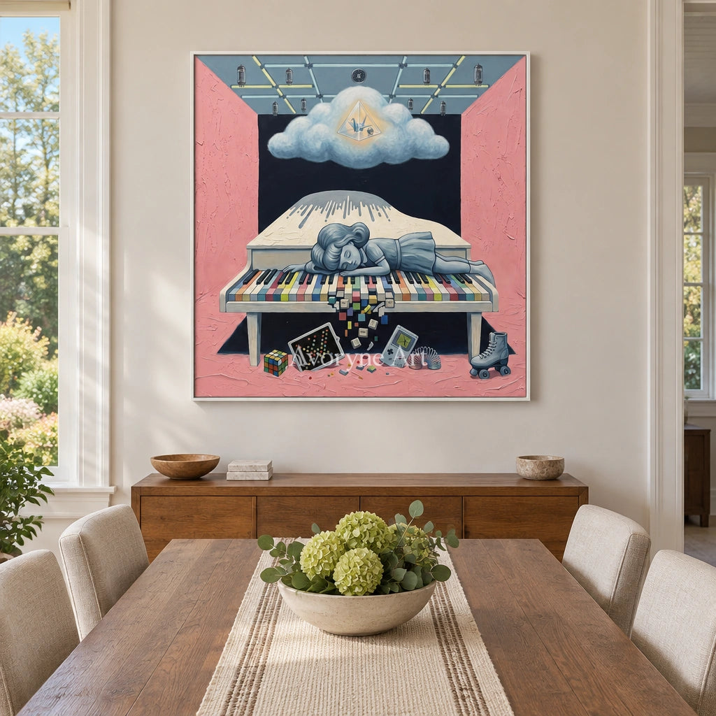Warm Rhythm surreal scene wall art with a white frame in a dining room