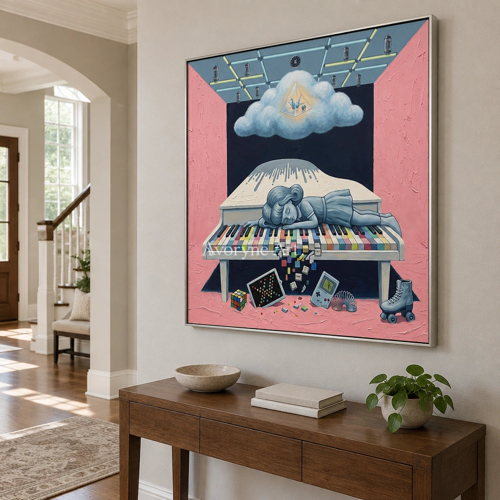 Warm Rhythm surreal scene wall art with a silver frame in an entryway