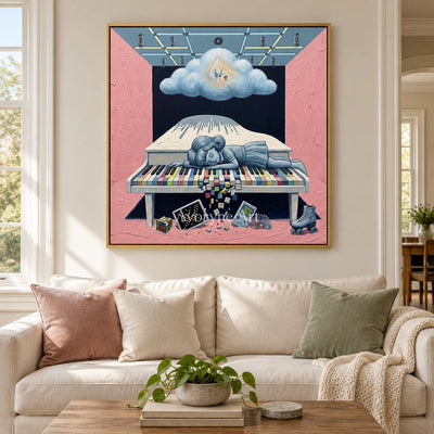 Warm Rhythm surreal scene wall art with a gold frame hanging in a living room