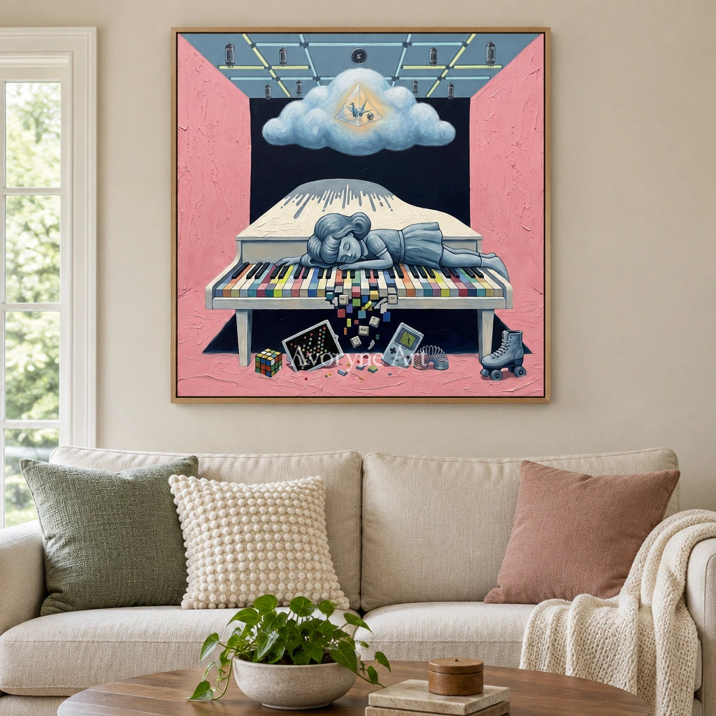 Warm Rhythm surreal scene wall art with a wood frame in a villa living space