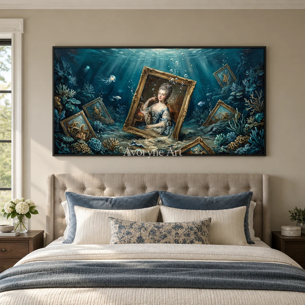 Clear Prelude surreal scene wall art with a black frame above a bed in a bedroom