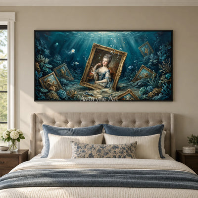 Clear Prelude surreal scene wall art with a black frame above a bed in a bedroom