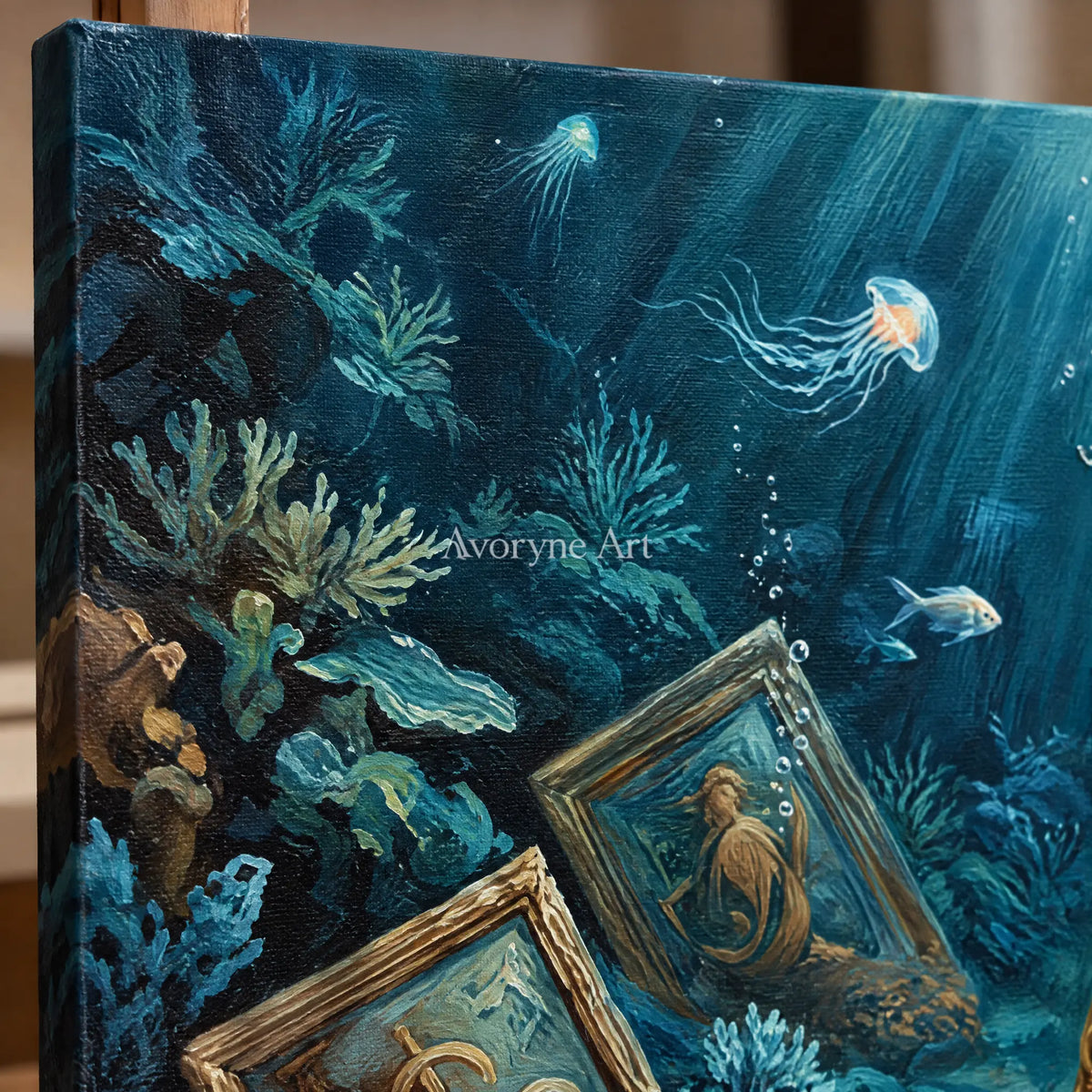 Close-up of the hand-painted texture of Clear Prelude surreal scene wall art on an easel