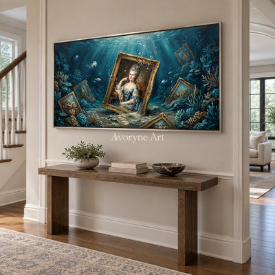 Clear Prelude surreal scene wall art with a silver frame in an entryway