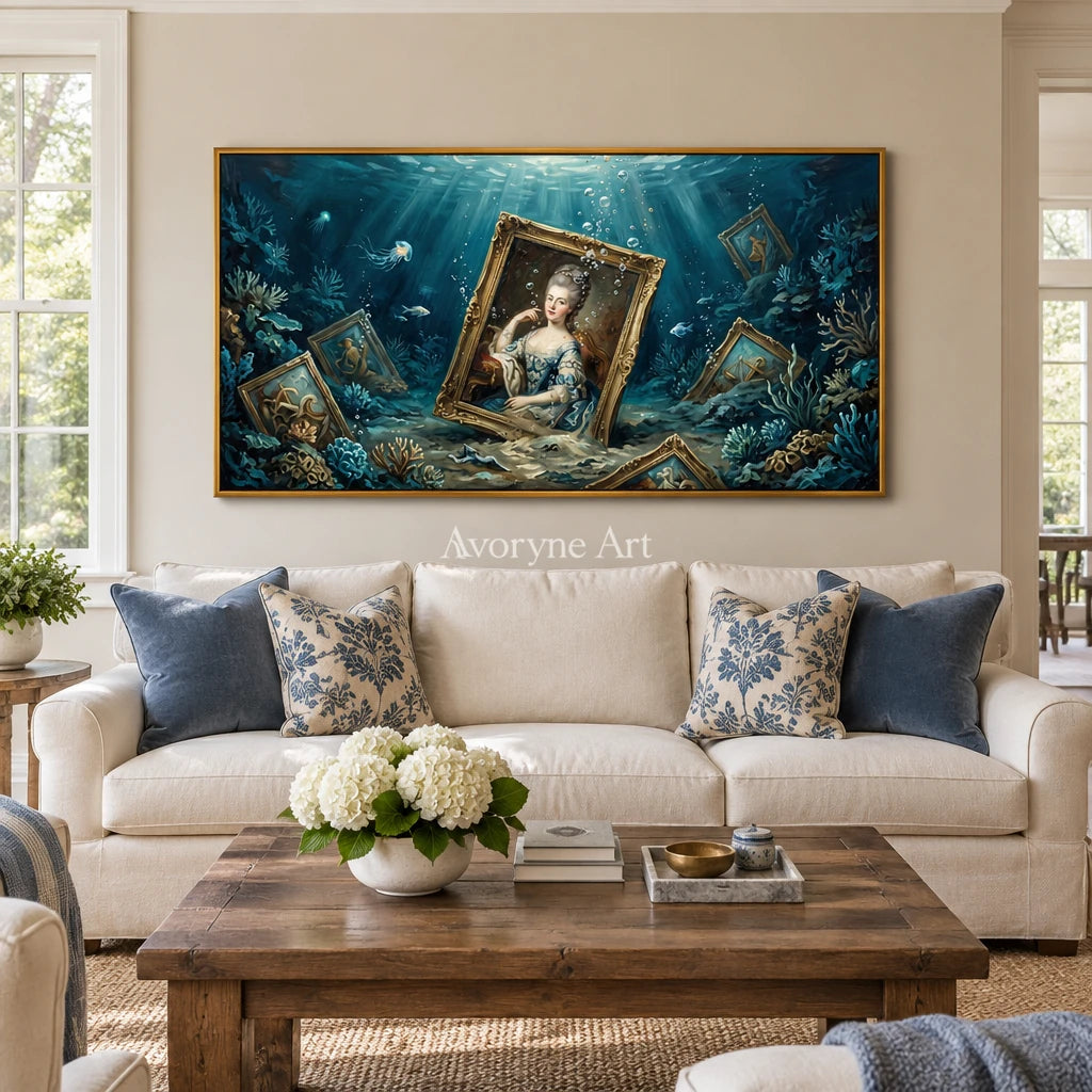 Clear Prelude surreal scene wall art with a gold frame hanging in a living room