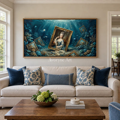 Clear Prelude surreal scene wall art with a wood frame in a villa living space