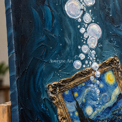 Close-up of the hand-painted texture of Clear Trace surreal scene wall art on an easel