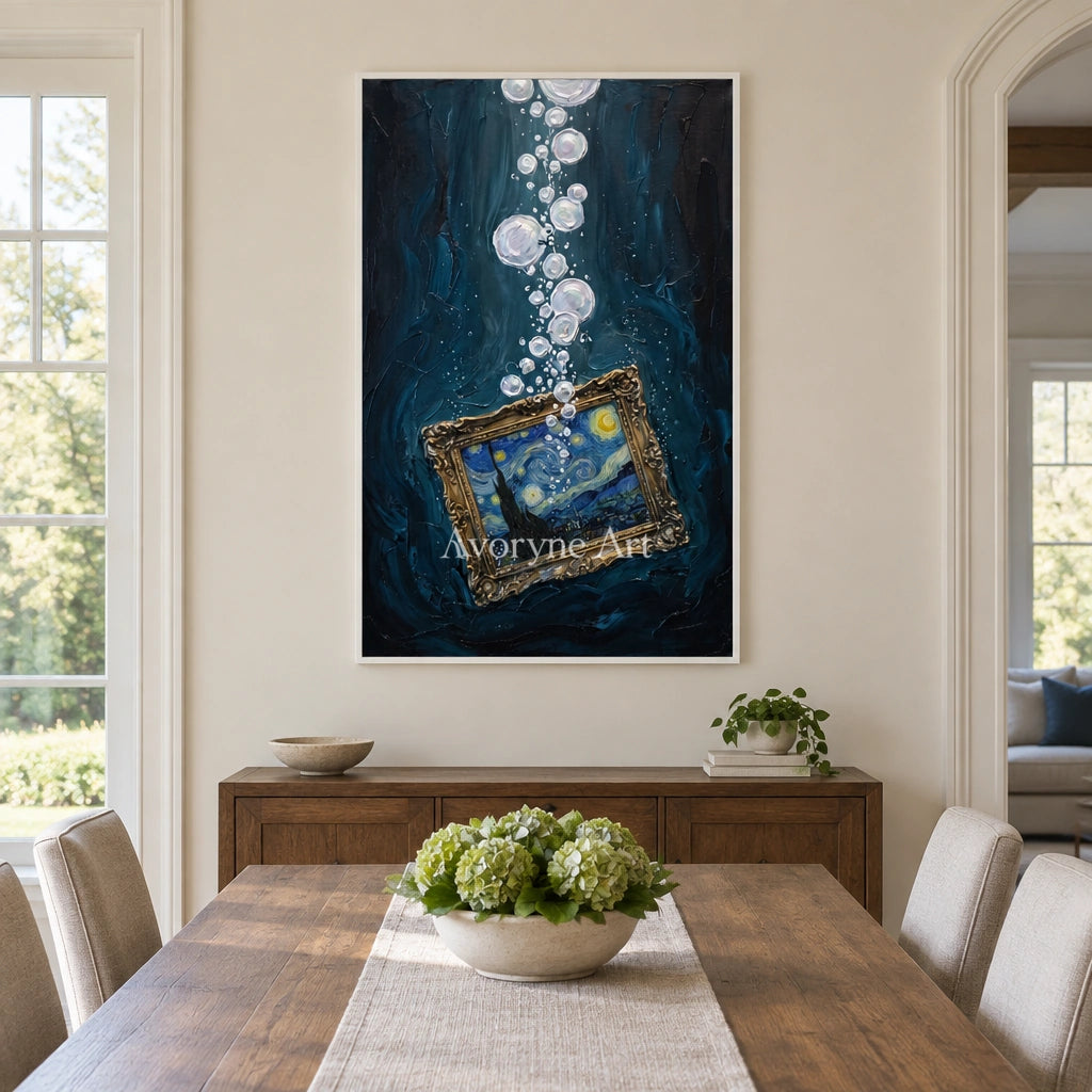 Clear Trace surreal scene wall art with a white frame in a dining room