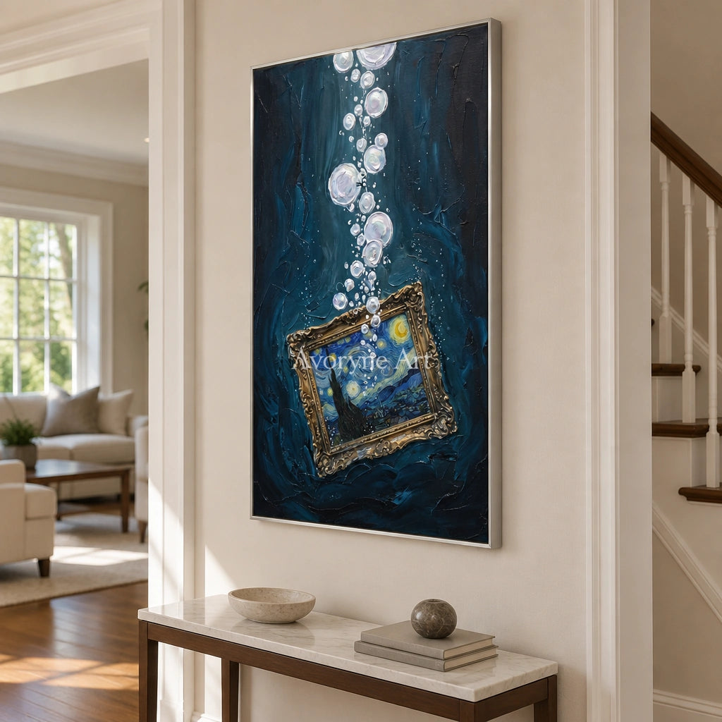 Clear Trace surreal scene wall art with a silver frame in an entryway