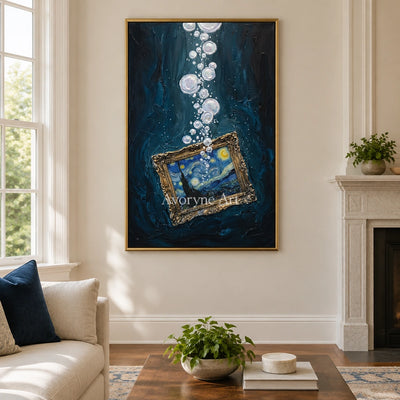 Clear Trace surreal scene wall art with a gold frame hanging in a living room