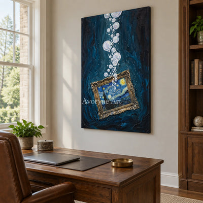 Clear Trace surreal scene wall art as a frameless stretched canvas in a home office