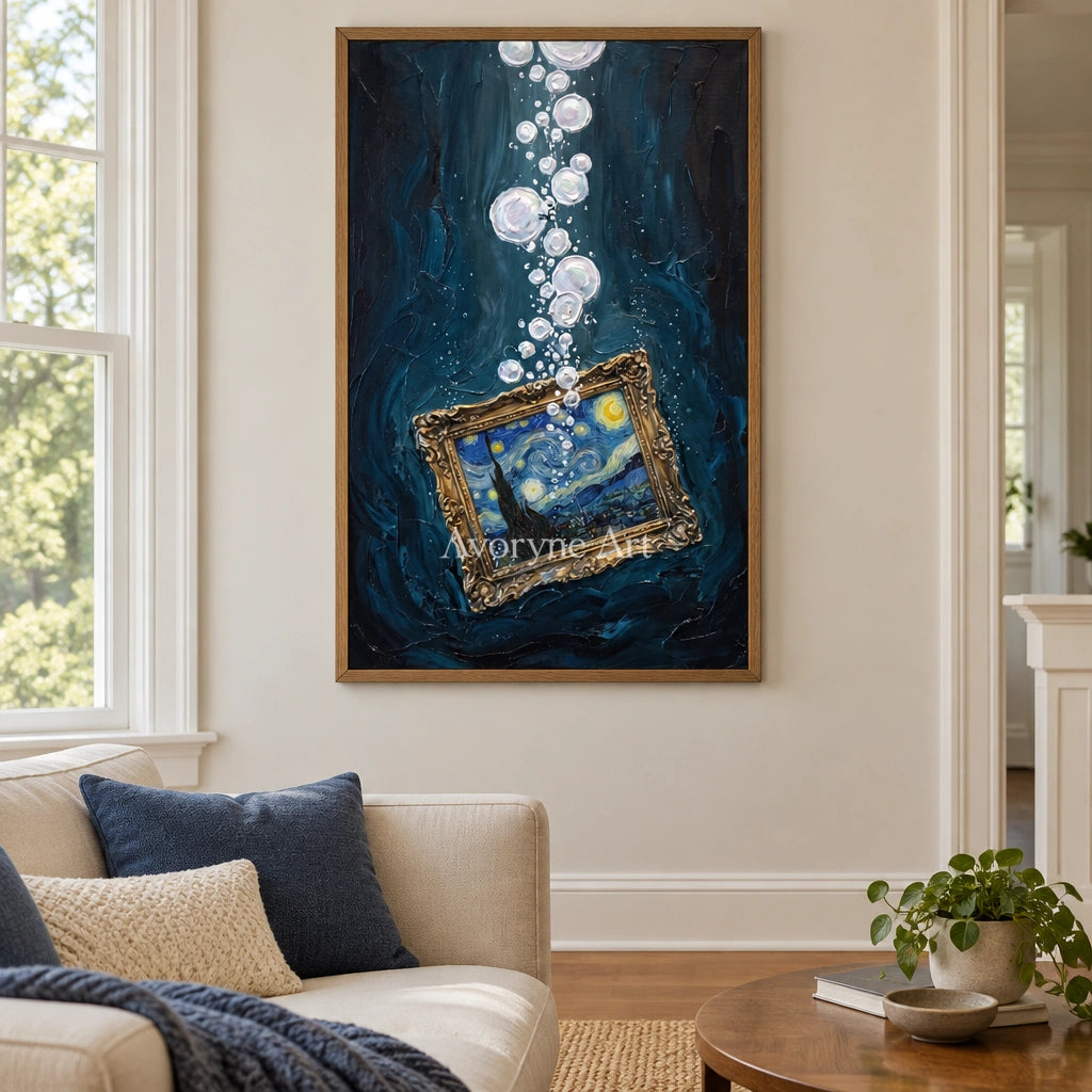 Clear Trace surreal scene wall art with a wood frame in a villa living space