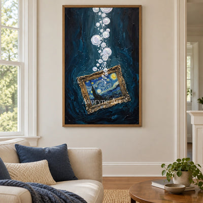 Clear Trace surreal scene wall art with a wood frame in a villa living space