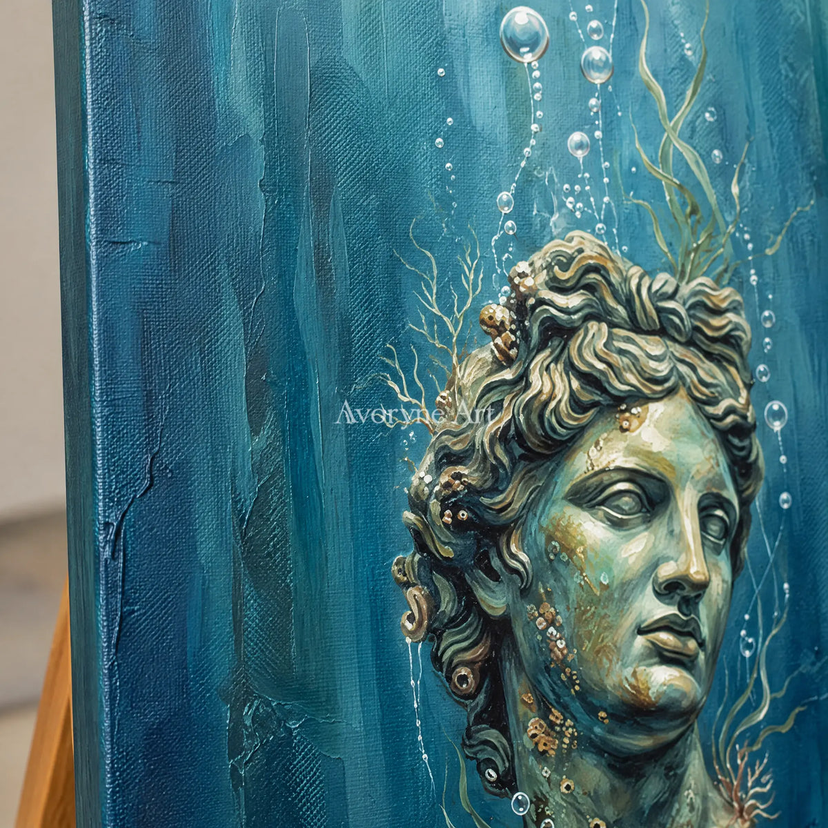 Close-up of the hand-painted texture of Clear Story surreal scene wall art on an easel