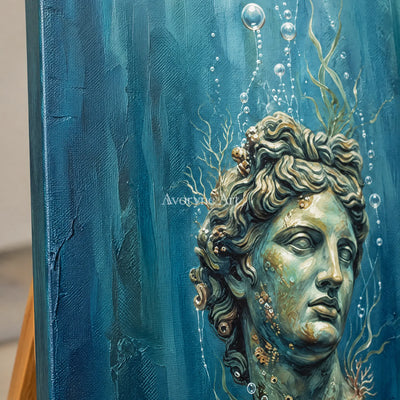 Close-up of the hand-painted texture of Clear Story surreal scene wall art on an easel