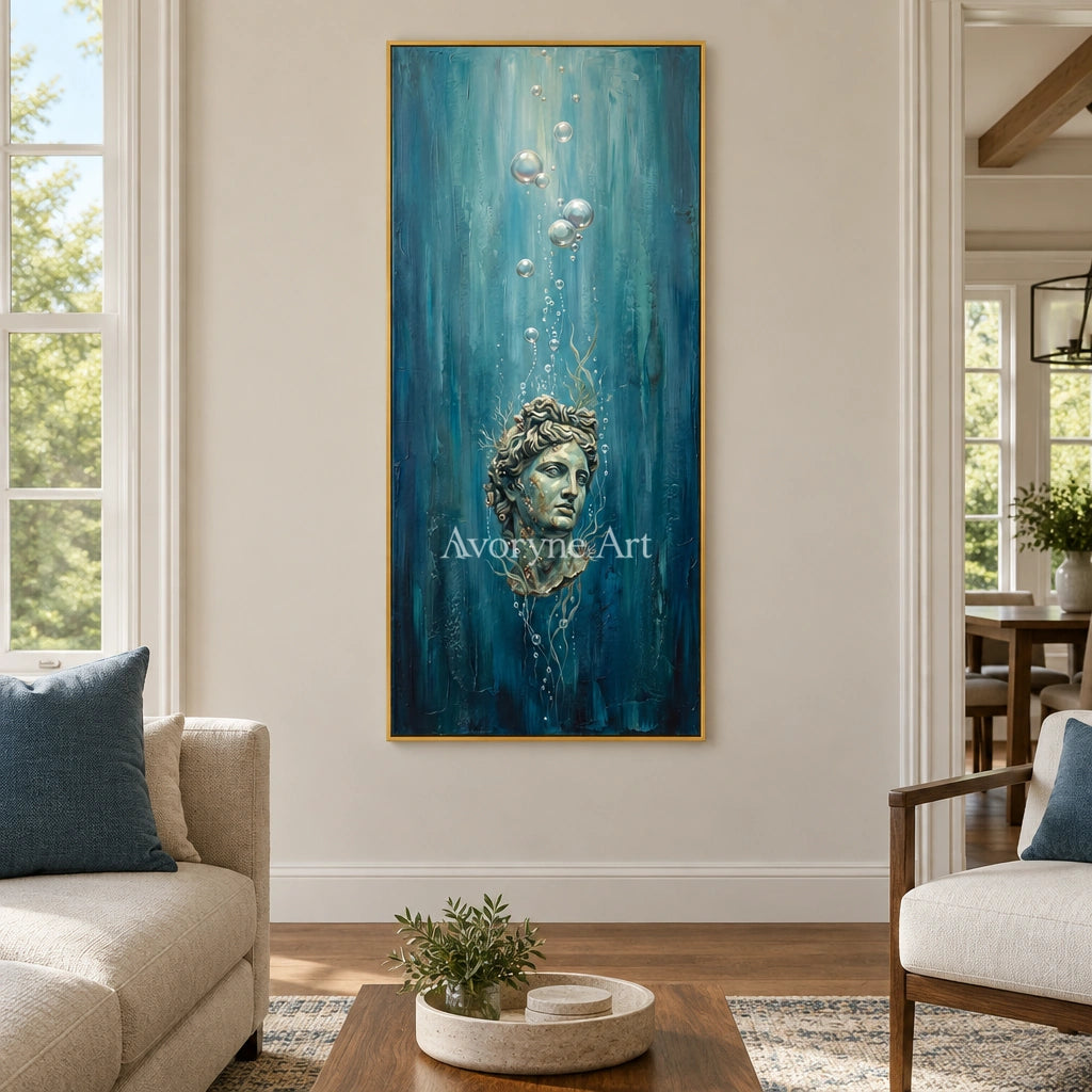 Clear Story surreal scene wall art with a gold frame hanging in a living room