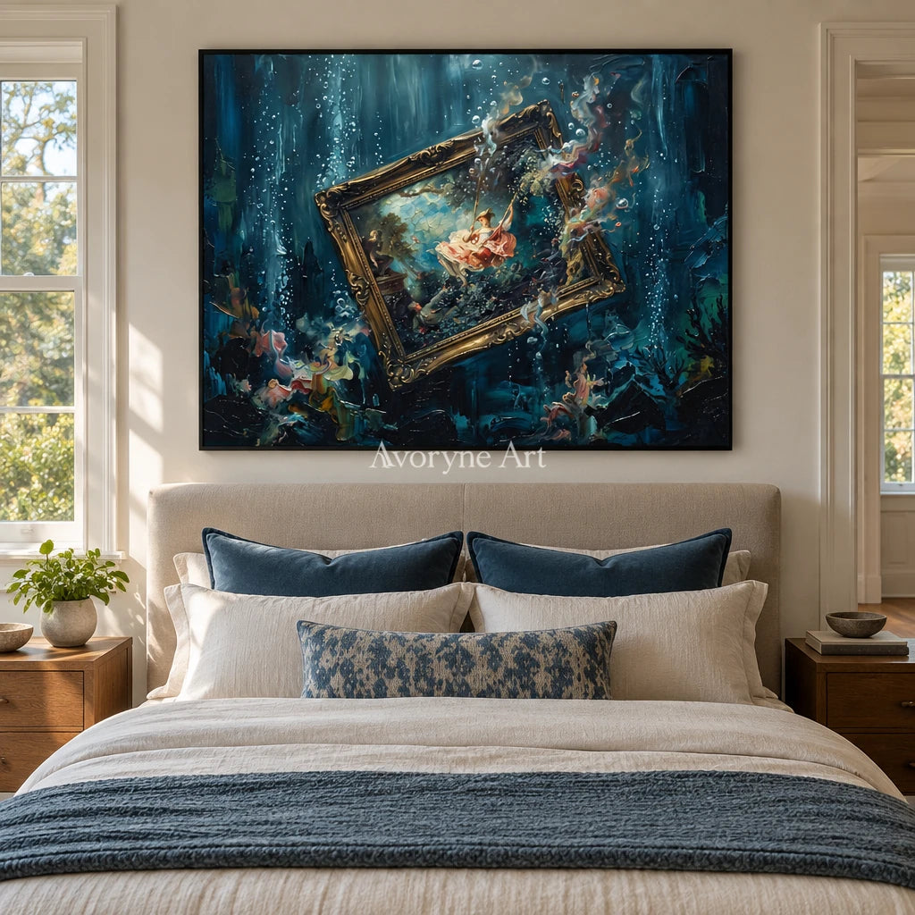 Clear Vista surreal scene wall art with a black frame above a bed in a bedroom