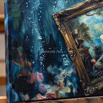 Close-up of the hand-painted texture of Clear Vista surreal scene wall art on an easel