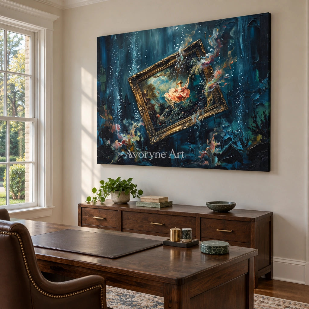 Clear Vista surreal scene wall art as a frameless stretched canvas in a home office