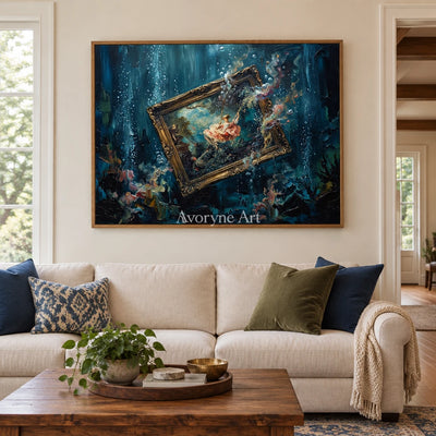 Clear Vista surreal scene wall art with a wood frame in a villa living space