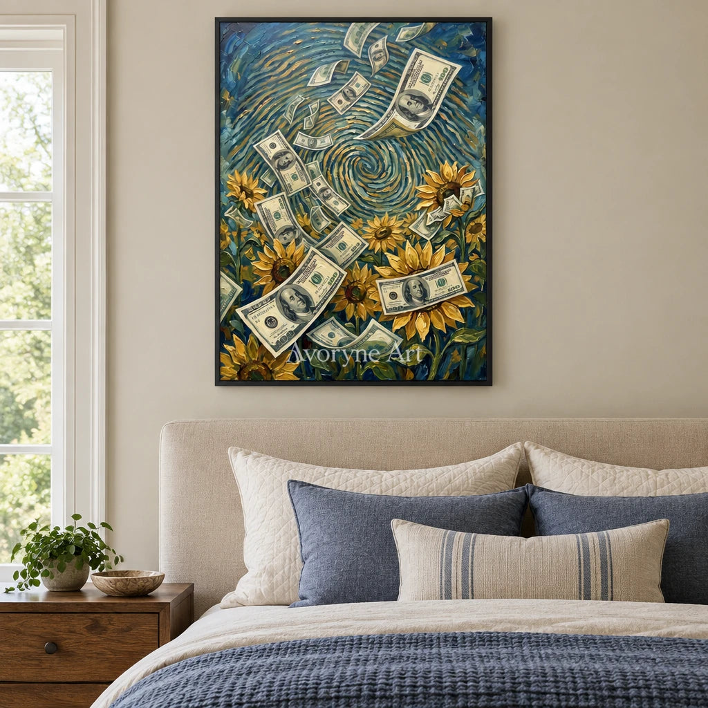 Clear Current surreal scene wall art with a black frame above a bed in a bedroom