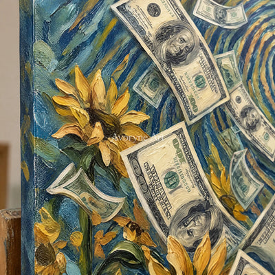 Close-up of the hand-painted texture of Clear Current surreal scene wall art on an easel