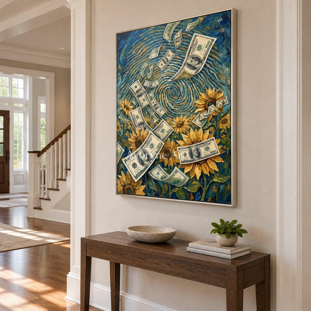 Clear Current surreal scene wall art with a silver frame in an entryway