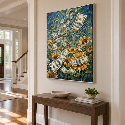 Clear Current surreal scene wall art with a silver frame in an entryway