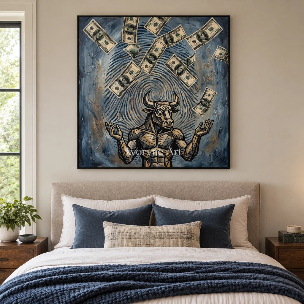 Clear Solace surreal scene wall art with a black frame above a bed in a bedroom