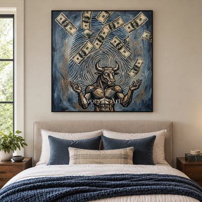 Clear Solace surreal scene wall art with a black frame above a bed in a bedroom