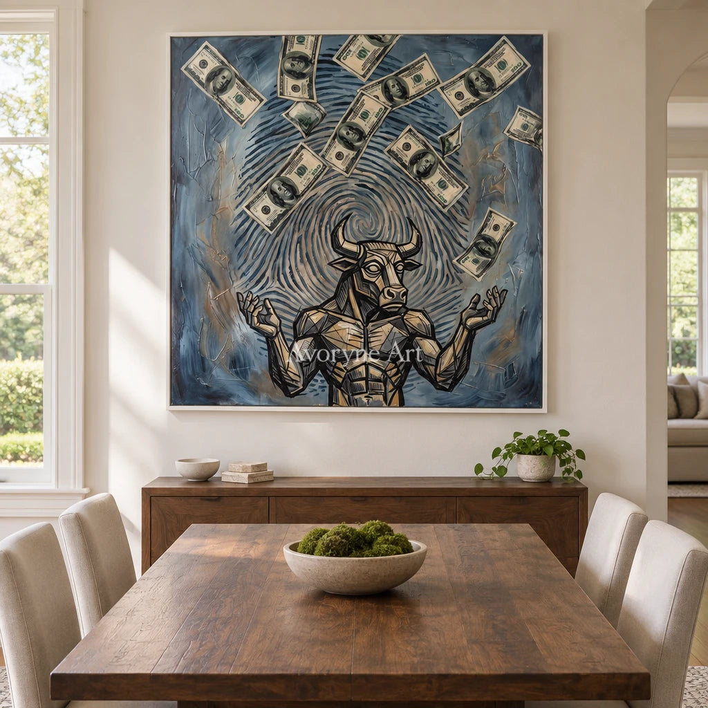 Clear Solace surreal scene wall art with a white frame in a dining room