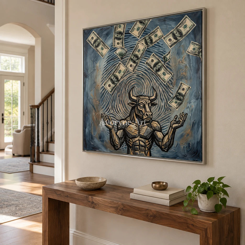 Clear Solace surreal scene wall art with a silver frame in an entryway