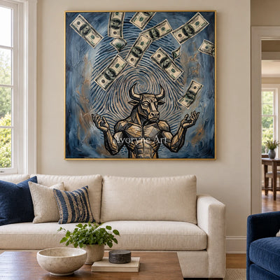 Clear Solace surreal scene wall art with a gold frame hanging in a living room