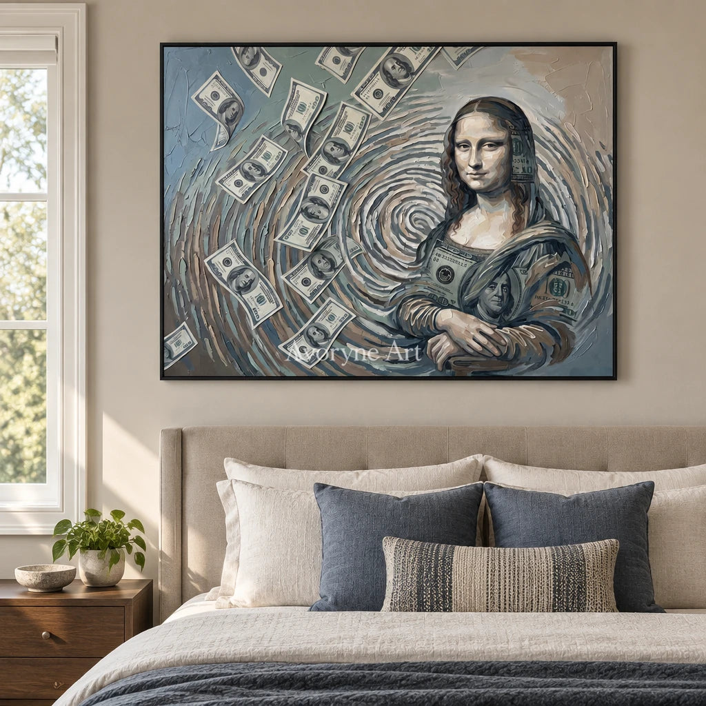 Clear Reverberation surreal scene wall art with a black frame above a bed in a bedroom