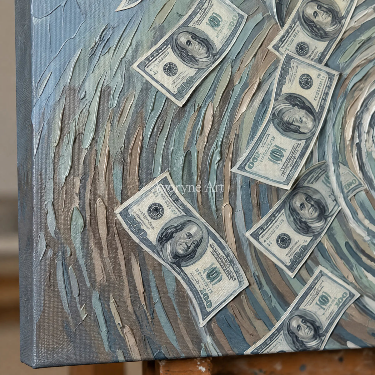 Close-up of the hand-painted texture of Clear Reverberation surreal scene wall art on an easel