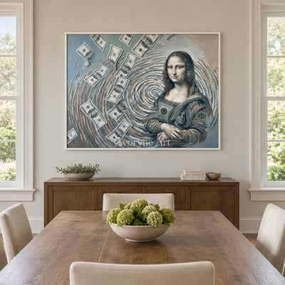 Clear Reverberation surreal scene wall art with a white frame in a dining room