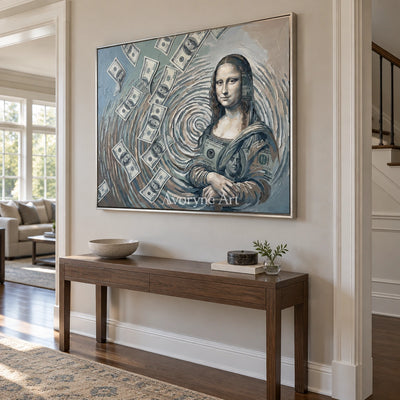 Clear Reverberation surreal scene wall art with a silver frame in an entryway