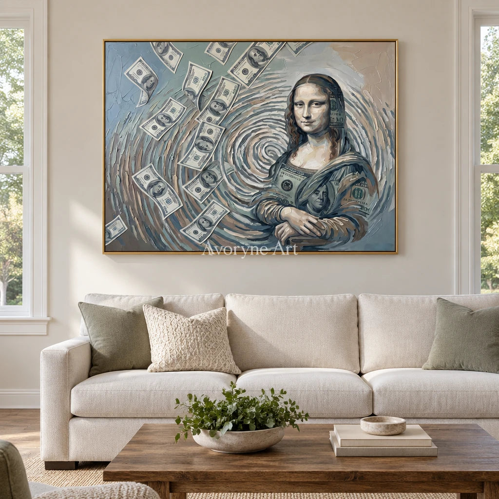 Clear Reverberation surreal scene wall art with a gold frame hanging in a living room