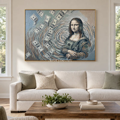 Clear Reverberation surreal scene wall art with a gold frame hanging in a living room
