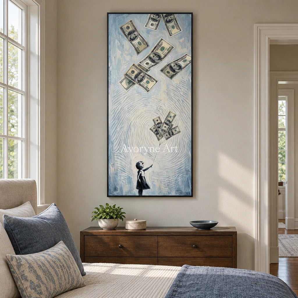 Clear Dialogue surreal scene wall art with a black frame above a bed in a bedroom