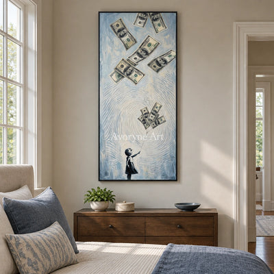 Clear Dialogue surreal scene wall art with a black frame above a bed in a bedroom