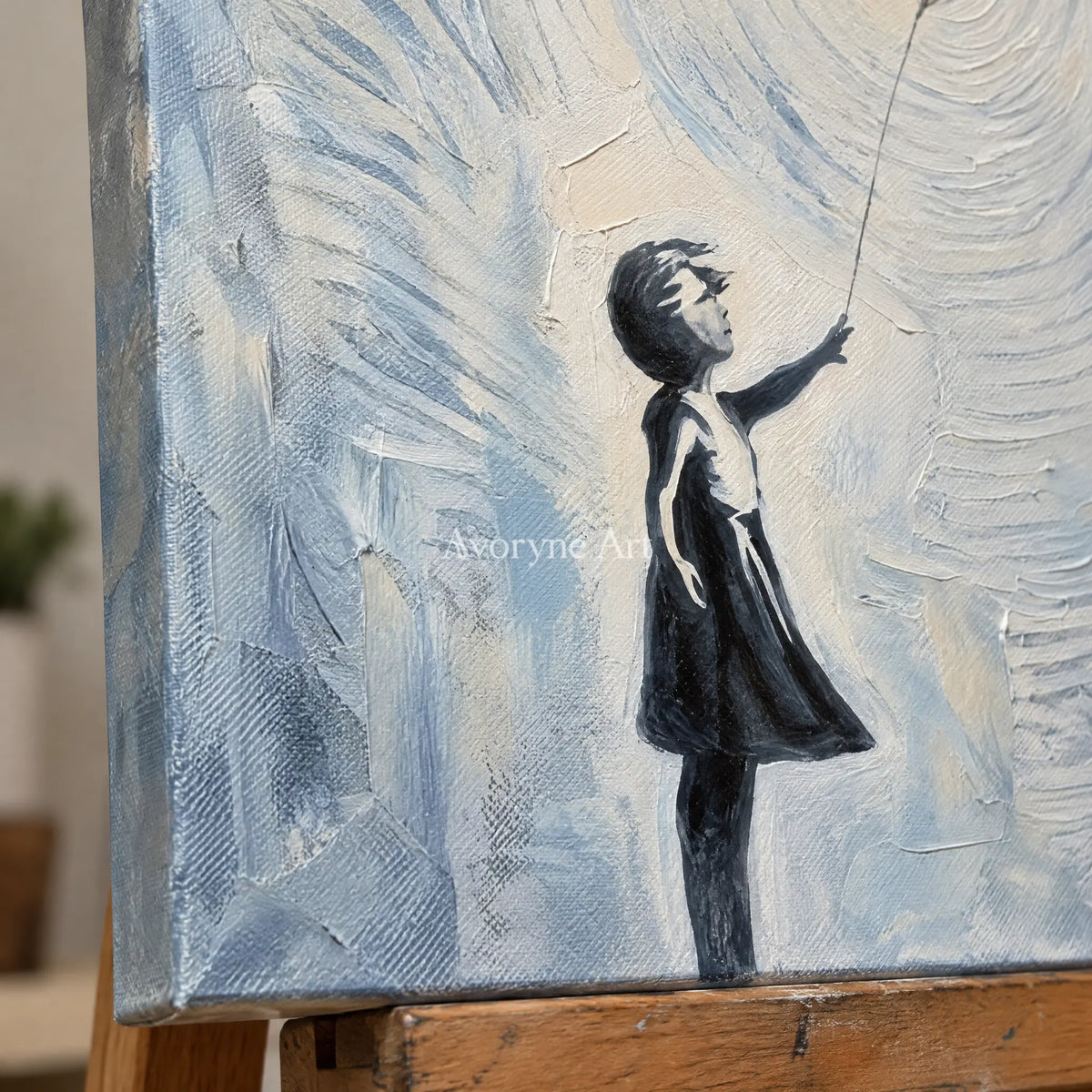 Close-up of the hand-painted texture of Clear Dialogue surreal scene wall art on an easel
