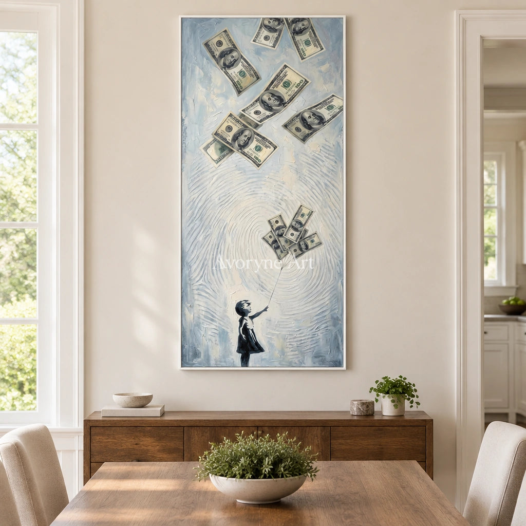 Clear Dialogue surreal scene wall art with a white frame in a dining room