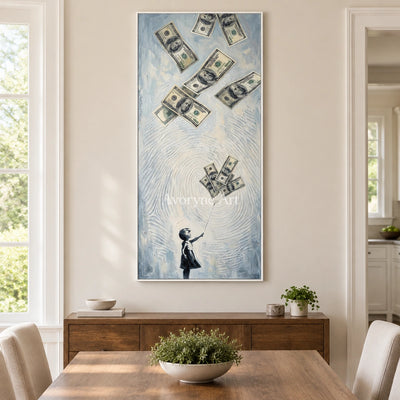 Clear Dialogue surreal scene wall art with a white frame in a dining room
