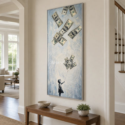 Clear Dialogue surreal scene wall art with a silver frame in an entryway
